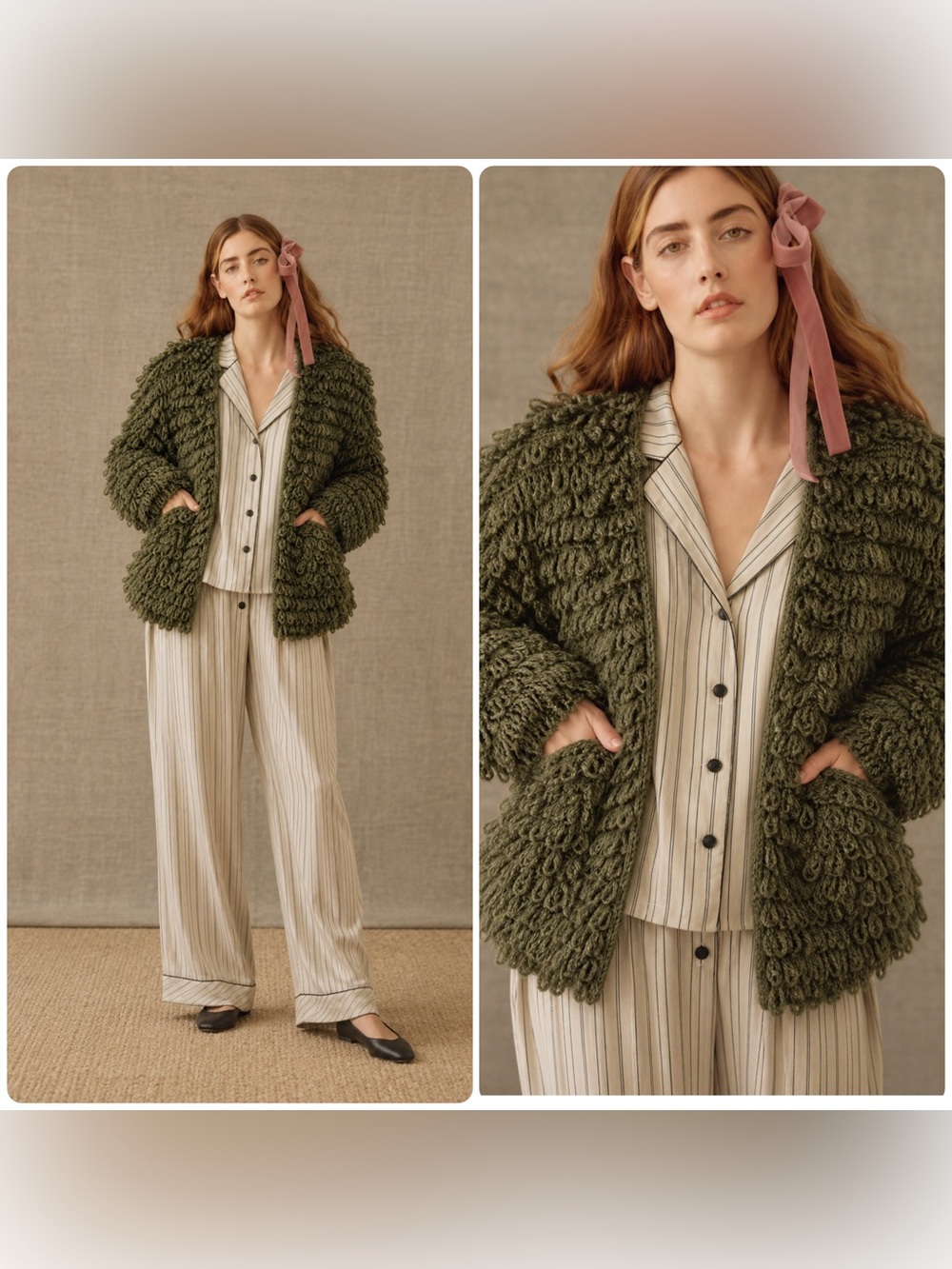 New! THE GREAT. Monster Short Sweater Olive Green Textured Cardigan 🌿 XS/S